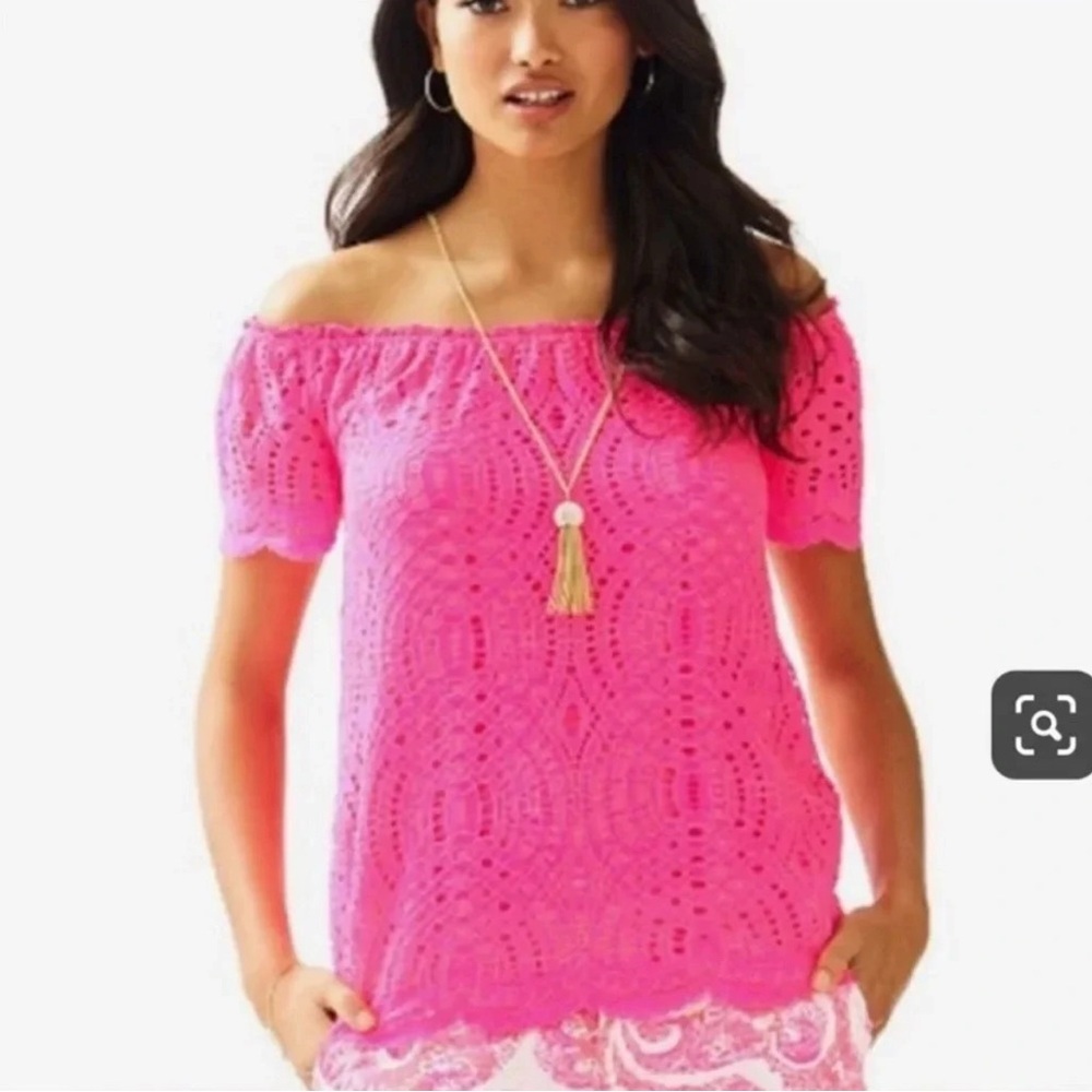 Lilly Pulitzer Bright Hot Pink Marble Lace Top Women's size M - Picture 5 of 5